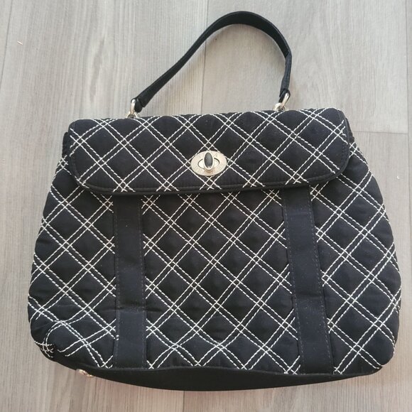 Vera Bradley Quilted Handbag With Floral Interior & Turn Lock Closure Black & Wh - Picture 1 of 8